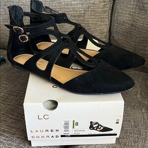 LC Lauren Conrad Black Pointed Cutout Flats with Double Buckle